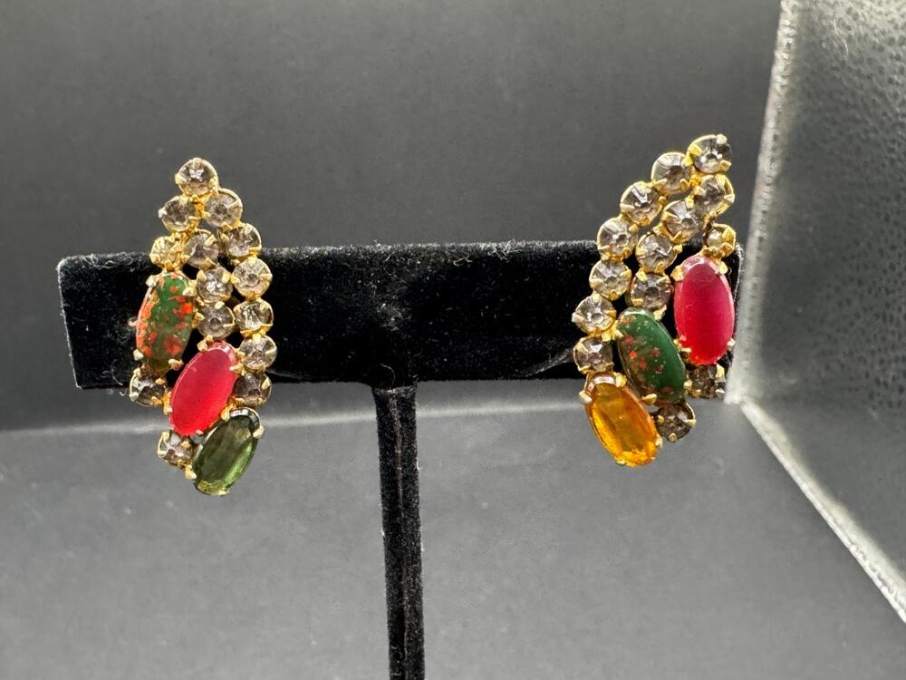 Vintage 925 Sterling Silver Gold Tone Multicolor Gemstone Clip On Earrings